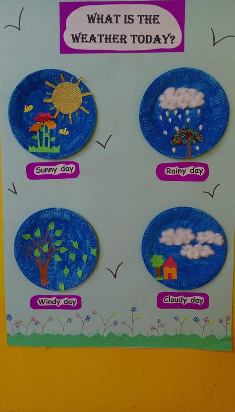 Windy Day Craft, Rainy Weather Crafts Preschool, Windy Day Activities For Kids, Sunny Day Craft, Sunny Day Craft Preschool, Sunny Day Art Preschool, Weather Chart Ideas For Classroom, Weather Charts For Classroom, Weather Hanging Craft