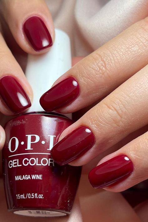 Opi Dark Red Nail Polish Gel, Perfect Red Nail Polish, Red Nails Colors Shades, Cherry Red Nails On Brown Skin, Opi Malaga Wine Gel, Opi Deep Red Nail Polish, Complementary Wine Opi, Dark Red Shellac Nails, Malaga Wine Opi Gel