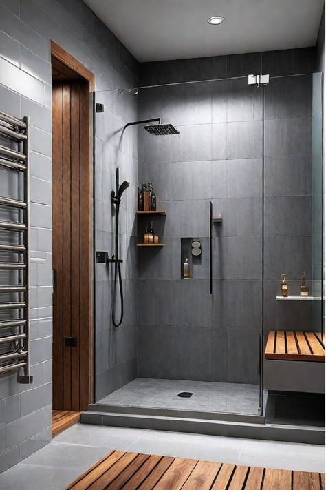 Elevate your bathroom with 10 inspiring shower design ideas that strike the perfect balance between style and practicality. From modern fixtures to low-maintenance materials, discover how to create a luxurious yet functional space. Standing Shower Design, Modern Steam Shower Design, Towel Rack In Shower Ideas, Modern Shower Room Design, 2 Person Shower Ideas, Dual Shower Ideas, Stand In Shower Ideas, Long Shower Ideas, Enclosed Showers Walk In