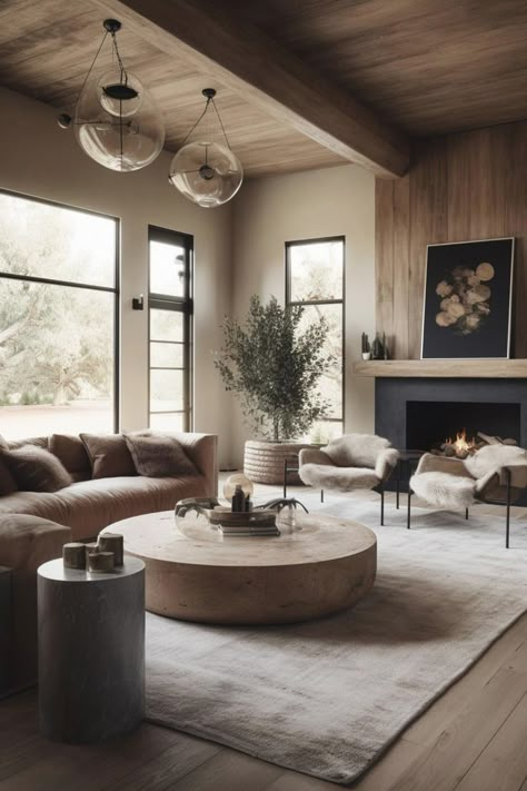 Living Room Around Fireplace, Mountain Modern Living Room, Warm Modern Living Room, Cozy Living Room Furniture, Modern Cabin Interior, Modern Rustic Home, Refined Rustic, Modern Rustic Living Room, Mixing Patterns