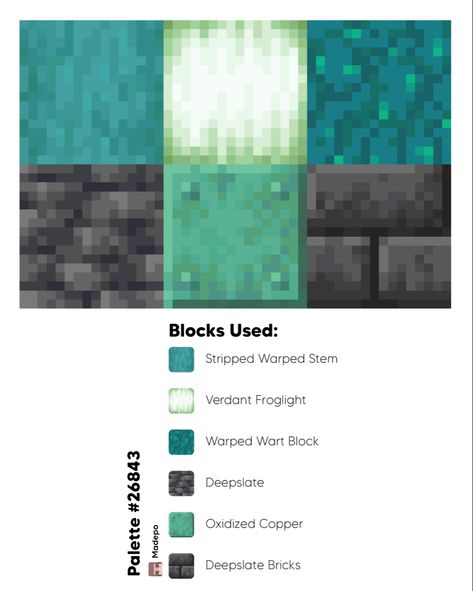 Minecraft Nature Bedroom Ideas, Medieval Color Palette Minecraft, Acacia Block Pallet Minecraft, Warped Wood Pallet Minecraft, Minecraft Block Palette Quartz, Warped Minecraft Builds, Minecraft Block Pallets Castle, Minecraft Pallets Ideas, Block Palets Minecraft