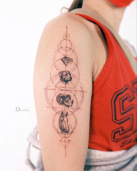 Chinese Zodiac Animals Tattoo, Zodiac Family Tattoo, Family Zodiac Tattoos, Pices Zodiac Tattoo Women, Couples Zodiac Tattoos, Chinese Zodiac Tattoo, Ox Tattoo, Pieces Zodiac, Tattoo Family