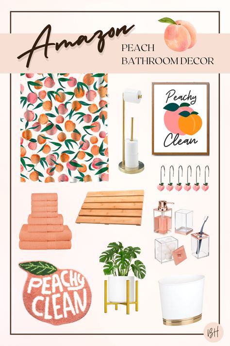 Orange Bathroom Ideas, Bathroom Decor Amazon, Gold Trash Can, Peach Bathroom Decor, Wooden Bath Mat, Amazon Bathroom Finds, Amazon Bathroom Decor, Peach Shower Curtain, Bathroom Orange