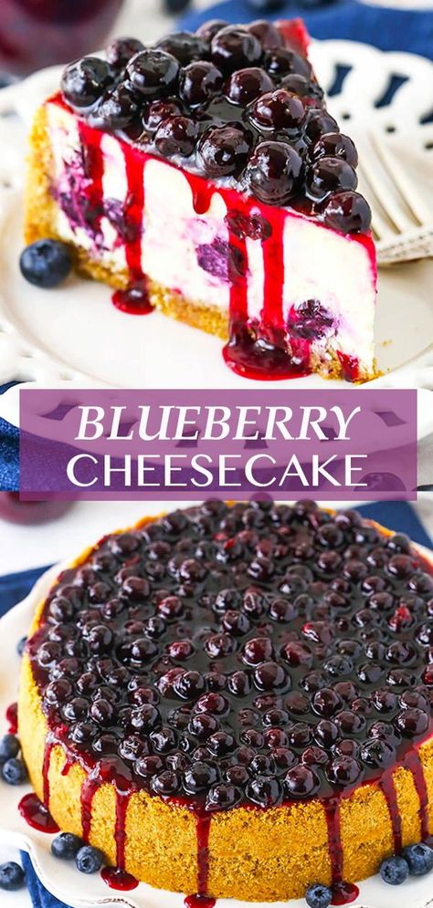 This Blueberry Cheesecake is creamy and bursting with fresh blueberries! It’s made with a simple graham cracker crust and an irresistible blueberry sauce. Such an irresistible dessert! Simple Blueberry Cheesecake, Blueberry Pie Cheesecake, Baked Blueberry Cheesecake Recipe, Blueberry Cream Cheesecake, Best Blueberry Cheesecake Recipe, Blueberry Cobbler Cheesecake, Cheesecake Recipes Blueberry, Blueberry Cheesecake No Bake, Blueberry Cheesecake Recipes