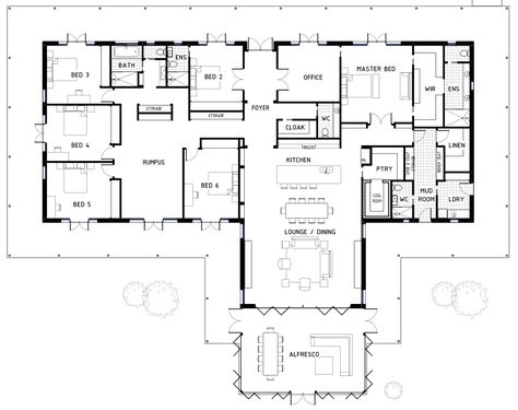 Love almost EVERYTHING! Bed 6 could be a library or den while Bed 4 is a playroom or media room. Large Dining Room Floor Plan, Large Family Floor Plans, American Floor Plans, Six Bedroom House, Large Family House Plan, Dröm Hus Planer, Shoji Doors, 6 Bedroom House Plans, Bedroom Plan