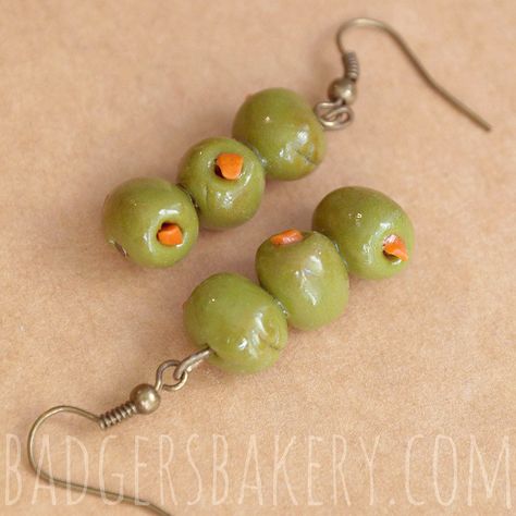 Olive Skewers, Olive Earrings, Martini Olive, Martini Olives, Weird Jewelry, Handmade Clay Jewelry, Polymer Earrings, Food Earrings, Funky Earrings