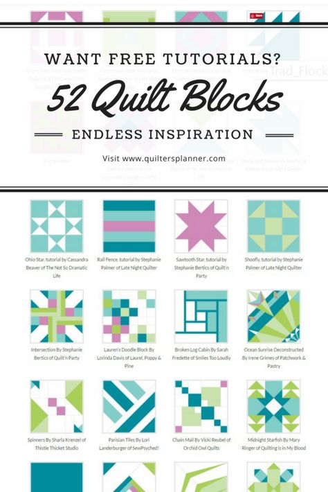 52 Free Quilt Block Tutorials from Easy to Advanced | The Quilter's Planner Block A Day Quilt Free Pattern, Beautiful Quilt Patterns, Equilter.com Free Pattern, 8 Inch Quilt Block Patterns Free, Easy 10 Inch Quilt Block Patterns Free, 4 Color Quilt Blocks, 10.5 Inch Quilt Blocks Free, 16” Quilt Blocks, 10x10 Quilt Block Patterns