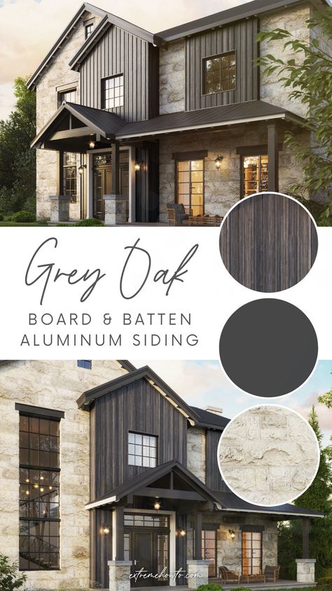 Enhance the curb appeal of your home with our Casa Exterior Cedar Renditions™ Aluminum Siding, featuring a board and batten profile that adds definition and texture to your exterior. With a variety of colors and finishes to choose from, you can easily find a perfect house color palette to match your farmhouse exterior design. With this siding, you can be sure to have the perfect eye-catching home exterior. Board And Batten Exterior, Farmhouse Exterior Design, Board Batten, Vertical Siding, Colors Combinations, Cedar Homes, House Color Palettes, Aluminum Siding, Exterior Color Schemes