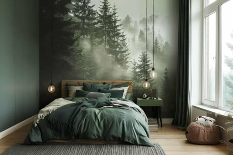 Transform your bedroom into a serene woodland retreat with these forest-themed decor tips. Embrace earthy colors, textures, and accents for a cozy atmosphere. Bright Colored Furniture, Forest Themed Bedroom, Forest Bedroom, Tree Wallpaper Mural, Woodland Wallpaper, Forest Mural, Forest Wall Mural, Misty Forest, Forest Wallpaper