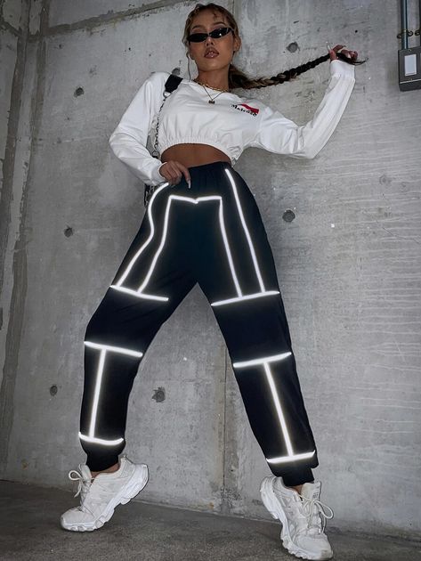 Contrast Reflective Piping Pants | SHEIN USA Reflective Outfit Festival, 90s Raver Fashion, Dance Competition Costumes Hip Hop, Hyperspace Outfit, Hip Hop Dance Outfits Women, Neon Dance Outfit, Reflective Rave Outfit, Hip Hop Outfits Dancers, Comfy Rave Outfit