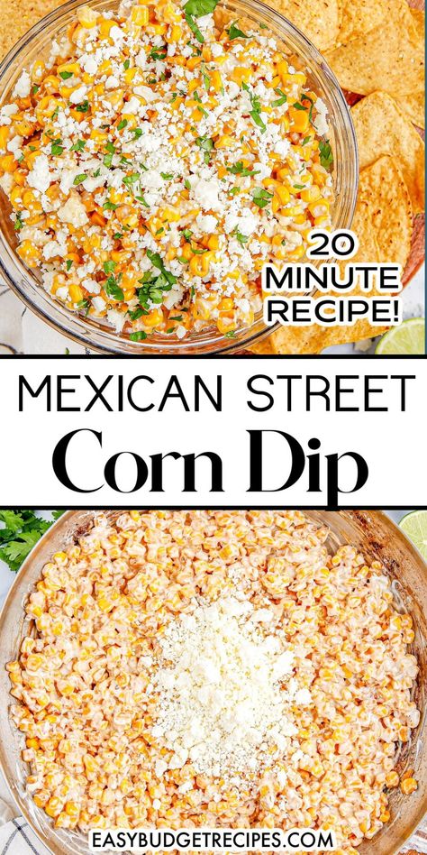 20-minute magic! This quick and easy Mexican Street Corn Dip is the perfect appetizer to liven up any gathering. Serve this side dish hot or cold. Follow us for more easy dips recipes! Easy Mexican Street Corn Dip, Easy Mexican Street Corn, Mexican Corn Dip, Mexican Street Corn Dip, Street Corn Dip, Street Corn Recipe, Corn Dip Recipes, Mango Avocado Salsa, Mexican Corn