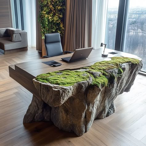 This moss-covered rock office desk blends natural beauty with functional design. The surface is made from a smooth, polished stone, carefully selected for its organic texture, and adorned with a live moss layer that creates a serene, earthy ambiance. The moss adds a soft, tactile contrast to the rock’s solid structure, evoking a tranquil forest floor. Perfect for those who want to bring the outdoors into their workspace, this desk is not only a statement piece but also a reminder of nature’s ... Stone Furniture Design, Rock Furniture, Diy Stone Wall, Wabi Sabi Furniture, Stone Desk, Epoxy Countertops, Stone Wall Design, Driftwood Art Diy, Stone And Wood