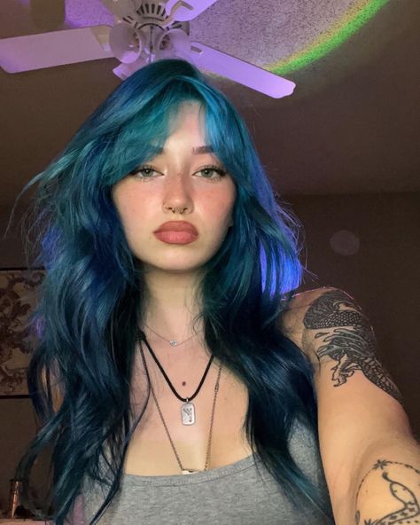 Blue Hair With Bangs Long, Blue Teal Hair Ombre, Cool Blue Hair Ideas, Blue Dimensional Hair, Blue Hair And Eyebrows, Light Blue Streaks In Black Hair, Blue Hair On Pale Skin, All Blue Hair, Dark Blue To Light Blue Hair Ombre