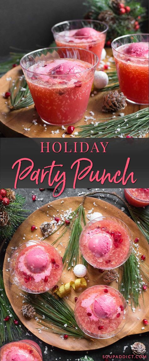 A beautiful party punch that takes just minutes to make, and is a guaranteed crowd pleaser! Fruity and effervescent, with gorgeous coloring, this Holiday Party Punch shines at all types of gatherings, from cozy fireplace evenings with family and friends, to office potlucks, to game day celebrations. Recipe at SoupAddict.com (also includes a summer variation) Winter Party Punch, Holiday Party Punch, Holiday Punch Recipe, Recipes Winter, Alcoholic Punch Recipes, Non Alcoholic Punch, Party Punch Recipes, Alcoholic Punch, Coctails Recipes