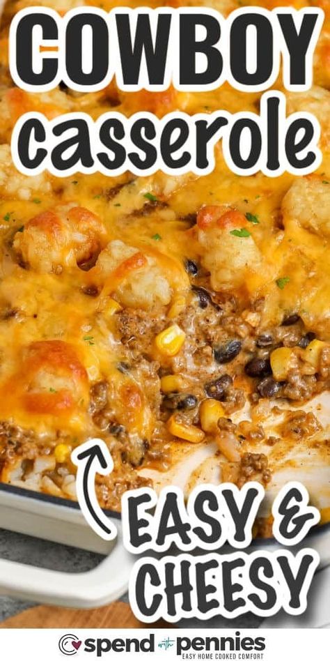 This hearty cowboy casserole is bursting with meaty flavors and melty cheese, and promises to nourish and satisfy the hungriest crowd. Seasoned ground beef is cooked with cream of chicken soup, black beans, sour cream, and cheddar, layered with tater tots until golden and irresistible. Pair this comfort dish with cornbread and butter for a filling meal that's sure to please your whole crew. This cowboy casserole recipe is ideal for feeding big families or potluck crowds! #spendwithpennies Hamburger Potluck Dishes, Cowboy Potluck Ideas, 9 X 13 Casseroles, Cowboy Tater Tot Casserole Ground Beef, Cowboy Casserole Recipe Tater Tots, Southern Dishes For A Crowd, Hot Casserole Recipes, Million Dollar Tater Tot Casserole, Football Casserole Recipes