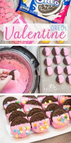 Oreo Valentines dipped in Pink Candy Wafers with heart candies Valentine Oreos, 3 Ingredient Recipe, Candy Wafers, Valentine's Day Treats, Chocolate Wafer, Strawberry Mousse, Heart Sprinkles, Dipped Oreos, Dipped Cookies