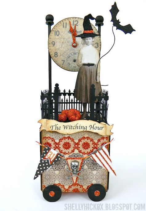 Witching Hour Artist Trading Block by Shelly Hickox | Eileenhull.com Tim Holtz Mini, The Witching Hour, Halloween Arts And Crafts, Witching Hour, Tim Holtz Sizzix, Elizabeth Craft Designs, Craft Artists, Halloween Inspiration, Assemblage Art