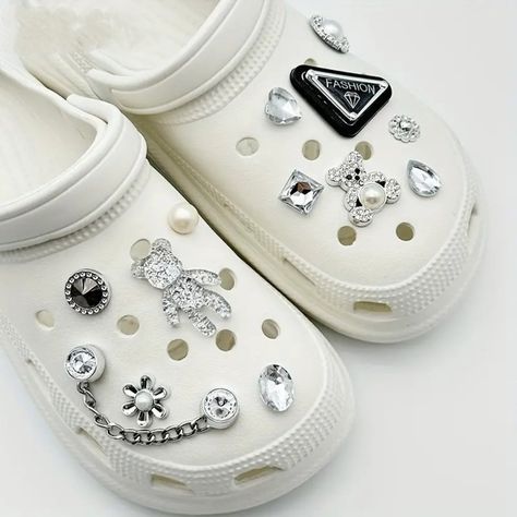 *New-13pcs* Bear Chain Bling Pearl Rhinestone Fashion Shoe Charms For Your Crocs New - Made From Quality Abs Plastic. Super Cute To Add That Extra Bling To Your Crocs. You Will Receive The 13 Shown In The Main Listing Pic And Then Laid Out In Pic #4. Bundle & Save! **Limited Time Sale!** - Buy 2, Get 3rd Free On All Shoe Charms For Your Crocs Sale Valid On All Shoe Charms Listed For Sale In My Closet. Limited Time Only!! Just Add At Least 3 Sets Of Charms To Your Bundle And I Will Then Make You Shoe Accessories Diy, Crocs With Charms, Silver Bear, Rhinestone Fashion, Croc Charms, Buckle Shoes, Decorated Shoes, Beach Shoes, Clogs Shoes