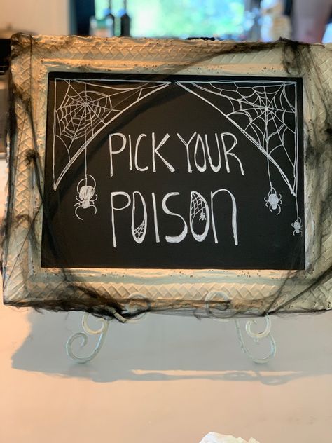 Pick Your Poison Trunk Or Treat, Pick Your Poison Bar, Pick Your Poison Halloween Party, Pick Your Poison Sign, Tiki Halloween, Poison Sign, Spooky Makeup, Halloween Garage, Goth Party