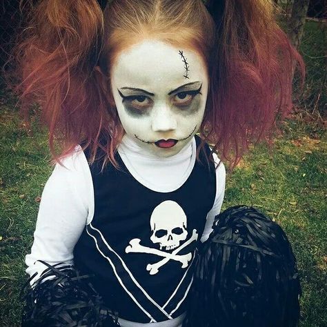 Halloween Cheerleader Makeup, Zombie Cheerleader Costume Makeup, Dead Cheerleader Makeup, Scary Cheerleader Costume, Zombie Cheerleader Face Paint, Dead Cheerleader Makeup Kid, Dead Cheerleader Costume, Girls Zombie Cheerleader Costume, Cheerleader Costume Kids