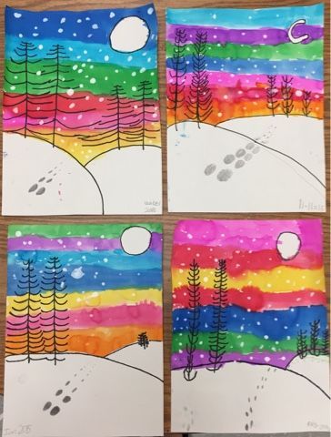 Winter landscapes by 1st grade - one day project | Mrs. Knight's Smartest Artists | Bloglovin’ Grade 1 Art, January Art, Winter Art Lesson, First Grade Art, 2nd Grade Art, Winter Landscapes, Winter Art Projects, 3rd Grade Art, Classroom Art Projects