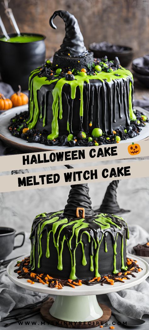 Add a touch of spooky magic to your Halloween with this Melted Witch Cake! 🧙‍♀️🎃 Delicious chocolate cake with green frosting and fun decorations, perfect for any Halloween party. #MeltedWitchCake #HalloweenDesserts #SpookyTreats #myskinnyrecipes Witch Cake Ideas Birthday Parties, Halloween Witch Cake Ideas, Witch Cakes Halloween, Scary Cake Ideas, Spooky Halloween Cake Ideas, Chocolate Halloween Cake, Green Halloween Cake, Witch Cake Birthdays, Witch Cake Ideas