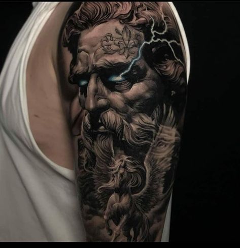 Greek God Bicep Tattoo, Zeus Upper Arm Tattoo, Zeus Shoulder Tattoo Men, Zeus Tattoo Design, Gladiator Tattoo, Left Arm Tattoos, Poseidon Tattoo, Zeus Tattoo, Full Leg Tattoos