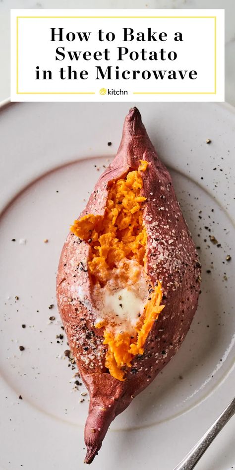 How to Cook a Sweet Potato in the Microwave | Kitchn Bake Sweet Potato In Microwave, Microwave Sweet Potatoe, Baked Sweet Potato In Microwave, Baked Sweet Potatoes In The Microwave, Cook Sweet Potato In Microwave, Cooking Sweet Potatoes In Microwave, How To Cook A Sweet Potato In Microwave, Microwaved Sweet Potato, Microwave Sweet Potato How To