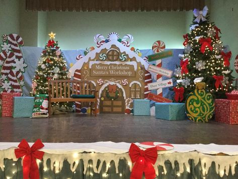 Christmas Stage Decorations, Pta Events, Christmas Toy Shop, Santa Workshop, House Trees, Christmas Workshop, Ward Christmas Party, Christmas Art For Kids, Work Decor