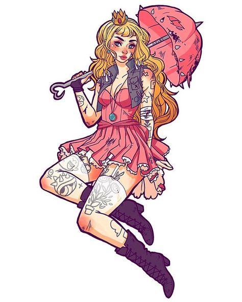 🍄👑🍑Here's the full version of the punk princess peach commission I finished the other day! I had so much fun coloring her, maybe I should start doing more digital art for a bit 💻✍🏼✨ . #princesspeach #peach #supermario #mario #nintendo #punk #girlgang #illustration #characterdesign #digitalart #artistsoninstagram #artoftheday #instaart #artcollective #jacquelindeleon Jacquelin Deleon, Princess Peach Cosplay, Peach Tattoo, Peach Cosplay, Princess Toadstool, Nintendo Princess, Nintendo Fan Art, Peach Art, Princesa Peach