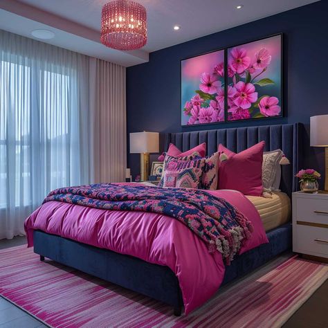 Bold Pink and Navy Bedroom Interior Color Combination for a Stylish Space • 333+ Inspiring Lifestyle Ideas Hot Pink Bedding Room Ideas, Gray And Hot Pink Bedroom, Navy Orange Pink Bedroom, Teal And Magenta Bedroom, Navy Blue And Hot Pink Bedroom, Pink Primary Bedroom, Pink Romantic Bedroom, Magenta Bedroom Ideas, Pink Navy Bedroom