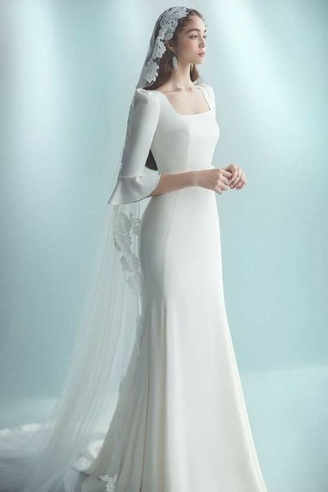 Wedding Gown Simple Elegant Reception Dresses, Nonwhite Wedding Dress, Plain Wedding Gown, Korean Wedding Dress Simple, Korean Wedding Dress, Baju Kahwin, Plain Wedding Dress, Minimal Wedding Dress, Classy Wedding Dress