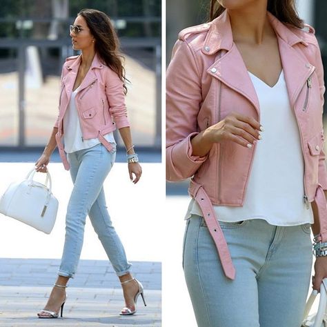 Baby pink fever Details on the blog #gaphungary #zara #bershka #fashion #streetbstyle #outfit Pink Biker Jacket, Biker Jacket Outfit, Moda Kimono, Dream Diary, Purple Girl, Pink Leather Jacket, Leather Jacket Outfits, Jacket Outfit, Pink Jacket