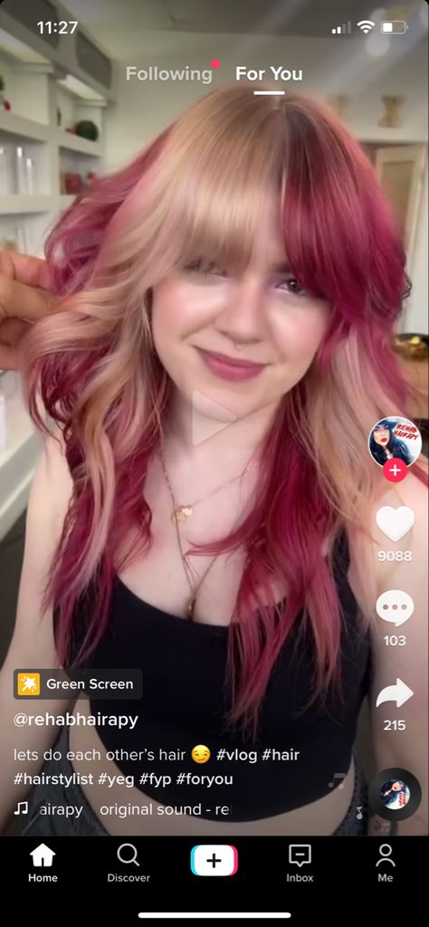 Split Dye Peekaboo Hair, Red Hair With Color Blocking, Red And Pink Two Tone Hair, Color Block Hair 2023, Blonde And Colored Hair Ideas, Magenta Blonde Hair, Split Peekaboo Hair, Split Dyed Hair Blonde And Red, Split Hair Dye With Bangs