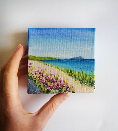 4x4 inch (10x10 cm) mini acrylic landscape of Scottish Beach Scene with pink floral detail.  Made in Scotland, UK.  This detailed original artwork is inspired by the beautiful landscapes of my home country, Scotland. Painted lovingly in acrylic on a mini 10x10 cm (4x4 inch) stretched box canvas, perfect to display in your living room, bedroom or hallway.  I will aim to post the painting within 1-3 business days. Delivery date will depend on destination location. ABOUT THE ARTIST: Hello! I'm Loui Scotland Art Painting, Mini Canvas Landscape, Acrylic Beach Painting, Mini Acrylic Paintings, Art Mini Toile, Canvas Art Painting Abstract, Scottish Beach, Mini Toile, Beach Floral