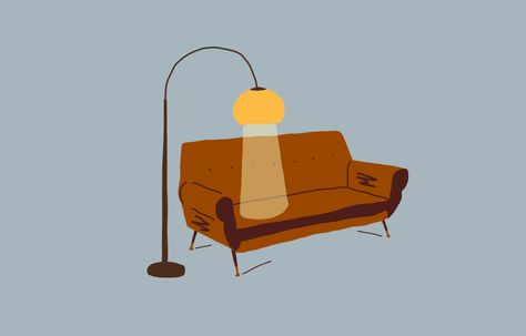 digital illustration of vintage couch and lamp shining Therapy Couch Illustration, Vintage Lamp Illustration, Couch Logo, Couch Illustration, Couch Drawing, Sofa Illustration, Lamp Illustration, Retro Couch, Vintage Couch