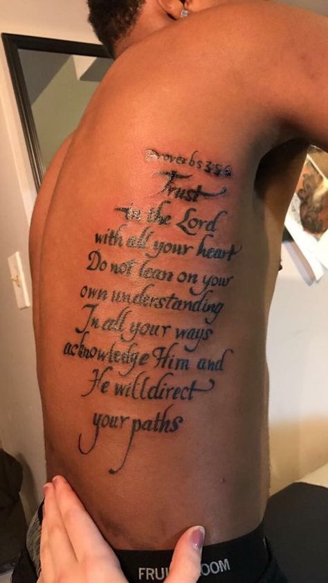 Shoulder Writing Tattoo Men, Scripture Tattoos For Men Shoulder, Rib Tattoos For Guys Quotes, Side Tattoos For Men Ribs, Bible Scriptures Tattoos For Men, Men Rib Tattoo, Life Tattoos For Men, Tattoo Bible Verse, Quote Tattoos For Men