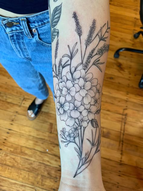 Hydrangea Tattoo Black And Grey, Hydrangea Arm Tattoo, Realistic Hydrangea Tattoo, Large Bouquet Tattoo, Hydrangea Forearm Tattoo, Hydrangea Half Sleeve Tattoo, Hydrangea Shoulder Cap Tattoo, Hydrangea Sleeve Tattoo, Hydrengas Tattoos