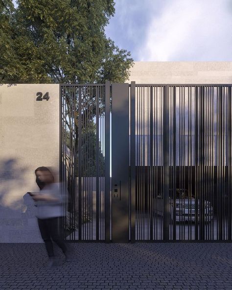 Entry Fence And Gate, Minimalist Fence Design Modern Houses, House Gate Design Front Entry, Minimalist Gate Design Modern, Gates Design Modern, House Entrance Gate, Fence Design Modern, Metal Entrance Gates, Gate Design Modern Entrance