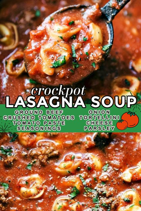 A crockpot lasagna soup starts with a rich tomato-filled soup base, cooked ground beef & aromatics, and is loaded up with cheese-filled tortellinis and a delicious, creamy cheese filling. #dinner #quick #easy #simple #familyfriendly #comfortfood #crockpot #lasagna #soup Lasange Recipe Soup Crockpot, Crockpot Lasagne, Meatball Lasagna, Lasagna Soup Crockpot, Slow Cooker Lasagna Soup, White Chicken Chili Slow Cooker, Crockpot Pasta, Crockpot Lasagna, Slow Cooker Lasagna