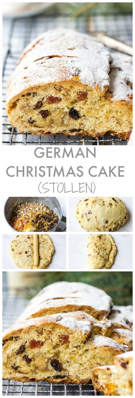 Looking for fancy Christmas desserts? Try German Christmas Cake - Stollen. It is packed with dried fruits, almonds and marzipan and sure to become a beautiful addition on your Christmas dinner table. #christmasdessertideas #christmasrecipes #christmasdinnerrecipes German Stollen, Traditional Christmas Dessert Recipes, Homemade Christmas Treats, Stollen Recipe, German Christmas Food, Traditional Christmas Cake, Xmas Cakes, German Desserts, Fancy Christmas