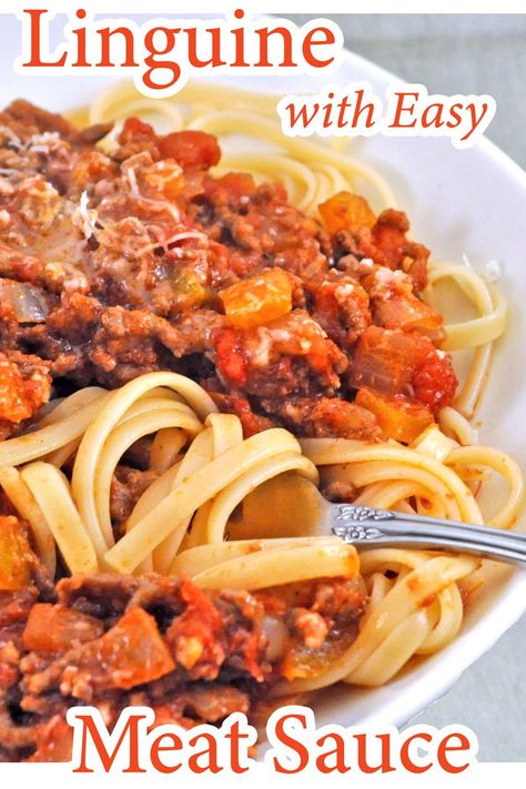 Simple Linguine with Meat Sauce - an easy sauce with ground beef, chopped tomatoes, herbs & spices. #linguine #meatsauce #spaghetti #spaghettisauce #tomatosauce Linguine Recipes Beef, Beef Linguine Recipes, Linguine Tomato Sauce, Pasta With Meat, Beef Tomato, Spaghetti Recipes Easy, Pasta With Meat Sauce, Linguine Recipes, Beef Sauce