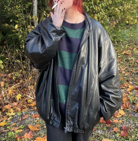 tate-sweater, leather jacket, autumn, fall, cigarette Grunge Leather Jacket Outfit, Hood Video, Tate Sweater, Leather Jacket Outfits, Little Red Riding Hood, Black Leather Jacket, Edgy Outfits, Red Riding Hood, Fall Sweaters