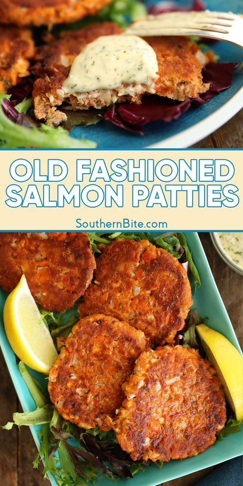 These Old Fashioned Salmon Patties are light, crispy, and super flavorful. This classic recipe is a simple and affordable way to put supper on the table. Seafood Patties, Dinner Light, Salmon Pattie’s, Tasty Food, Simple Recipe, Salmon Potato Cakes, Southern Salmon Patties, Salmon Recipe Pan, Mr Food Recipes