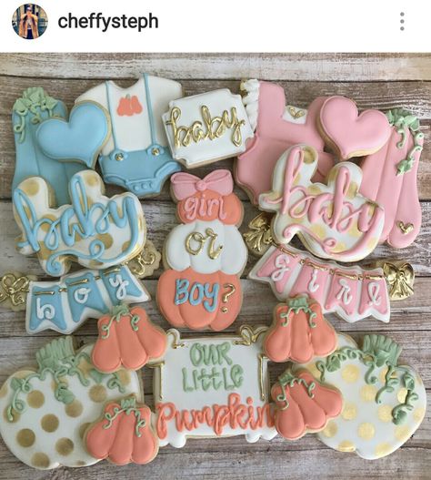 Pumpkin Gender Reveal Food Ideas, Gender Reveal Pumpkin, Cookies Gender Reveal, Gender Reveal Food, Pumpkin Gender Reveal, Halloween Gender Reveal, Gender Reveal Cookies, Baby Gender Reveal Party, Fall Cookies