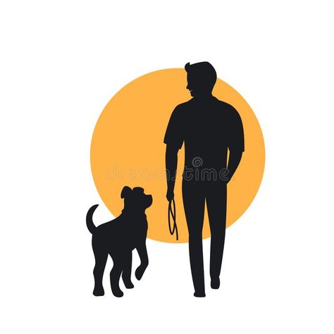 Man and dog walking back view. Silhouette graphic royalty free illustration Walking Back View, Walking Cartoon, Dog Logo Design, Dog Business, Mandala Art Therapy, Deep Art, Easy Drawings For Kids, Silhouette Illustration, Dog Vector