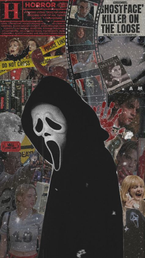 Scream Aesthetic Wallpaper, Ghostface Wallpaper Aesthetic, Scream Wallpapers, Scream Aesthetic, Movie Collage, Halloween Wallpaper Backgrounds, Ghostface Scream, Horror Movie Shirts, Scary Wallpaper