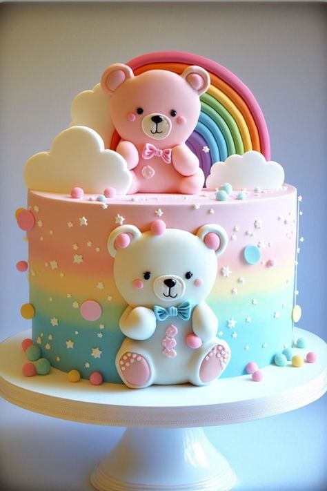 #bearcake #cakeideas #cakes Rainbow Teddy Bear Cake, 1st Birthday Cake Designs, Teddy Bear Birthday Cake, Teddy Cake, Simple Birthday Cake Designs, Makanan Cepat Saji, Rodjendanske Torte, Teddy Bear Cake, Birthday Cake Decorating Ideas