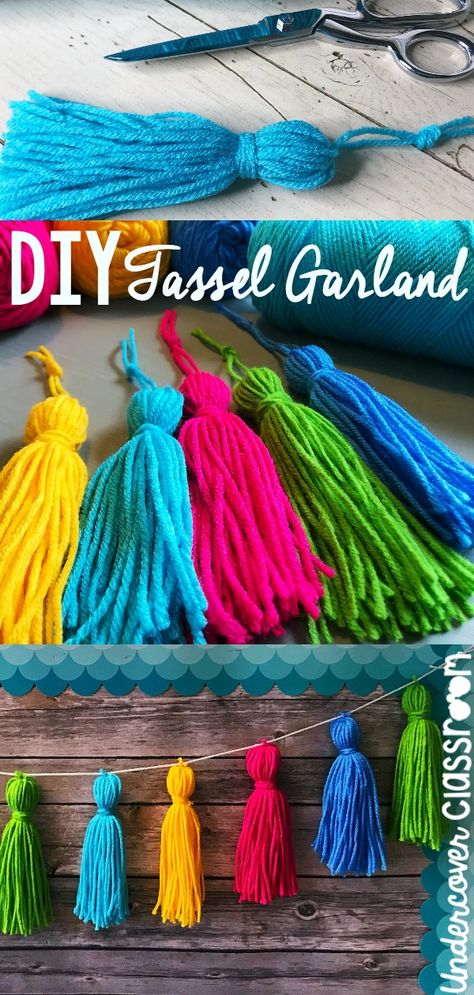 Have you seen all the beautiful bulletin boards these days? Amazing fonts, colors, pom-poms, and garlands have me swooning. I had been looking to purchase… Diy Yarn Tassel, Tassel Garland Diy, Men Crafts, Yarn Tassel Garland, Tassel Diy, Pompon Diy, Diy Tassel Garland, Classroom Diy, Crafts Simple