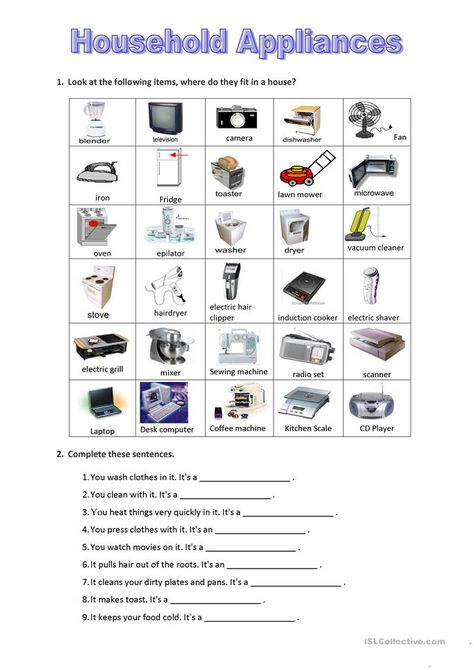 Household Appliances Worksheet, Household Worksheet, Coffee Machine Kitchen, Folder Activities, Clean Washer, File Folder Activities, Esl Activities, Esl Resources, Household Appliance